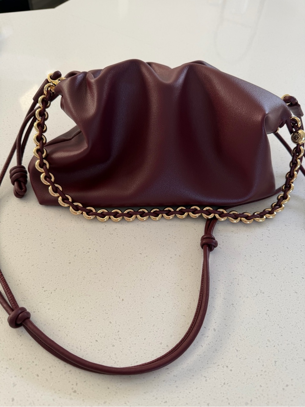Loewe Burgundy Leather Shoulder Pouch with Gold Chain